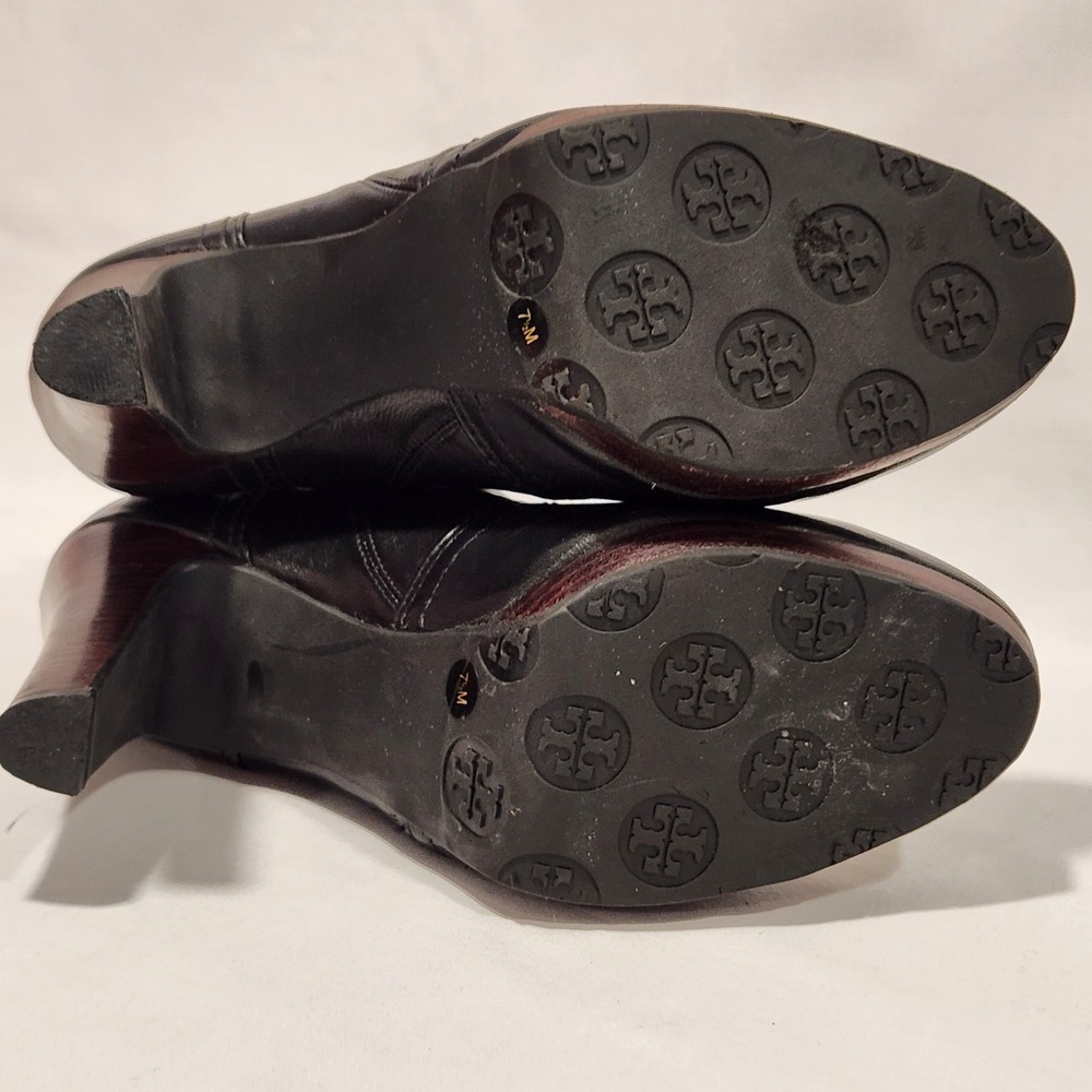 Tory Burch Melrose Ankle Boots Leather Heel Moto Black Logo Women's 7.5 Designer - Picture 13 of 16
